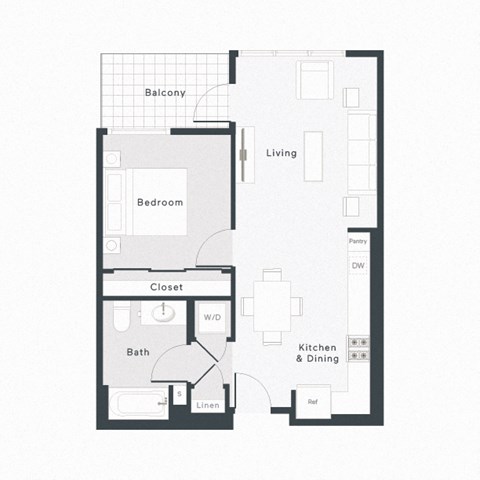 Floor plan for 1 bed, 1 bath, 705 sqft